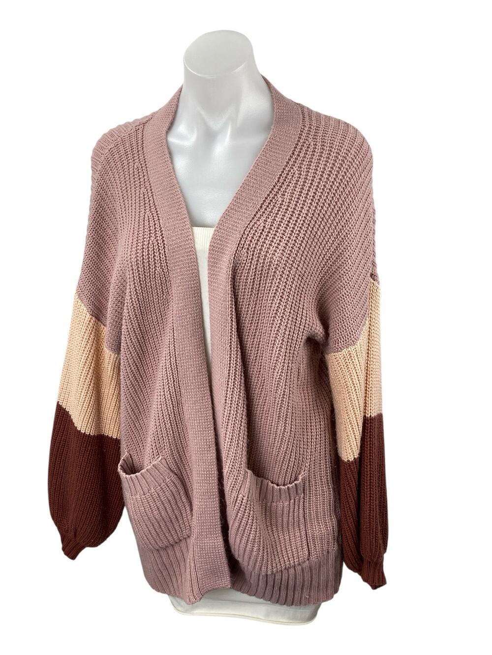 Sienna Sky Pink Ribbed Knit Colorblock Pocket Open Cardigan Sweater Top Size M